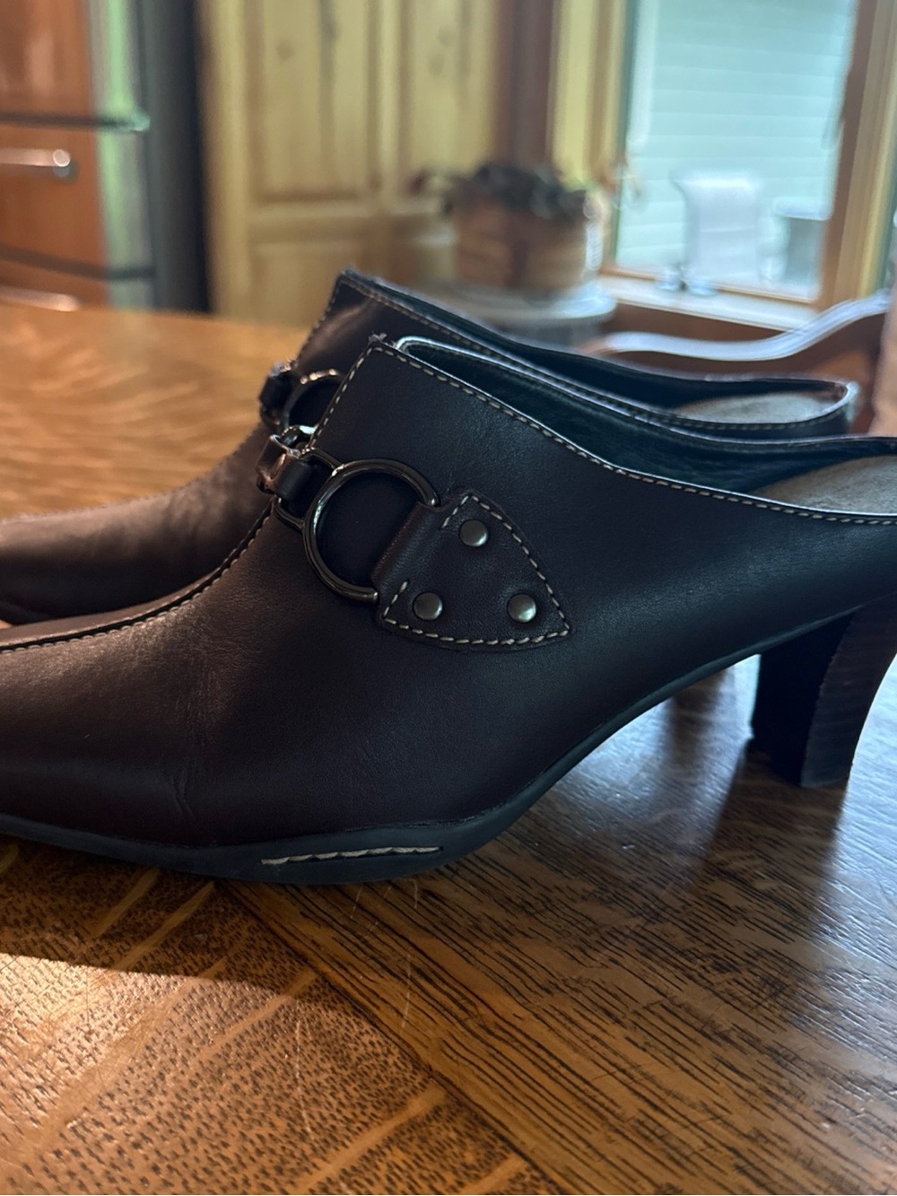 AEROSOLES Dark Brown Leather Heeled Mule with Ring Accent